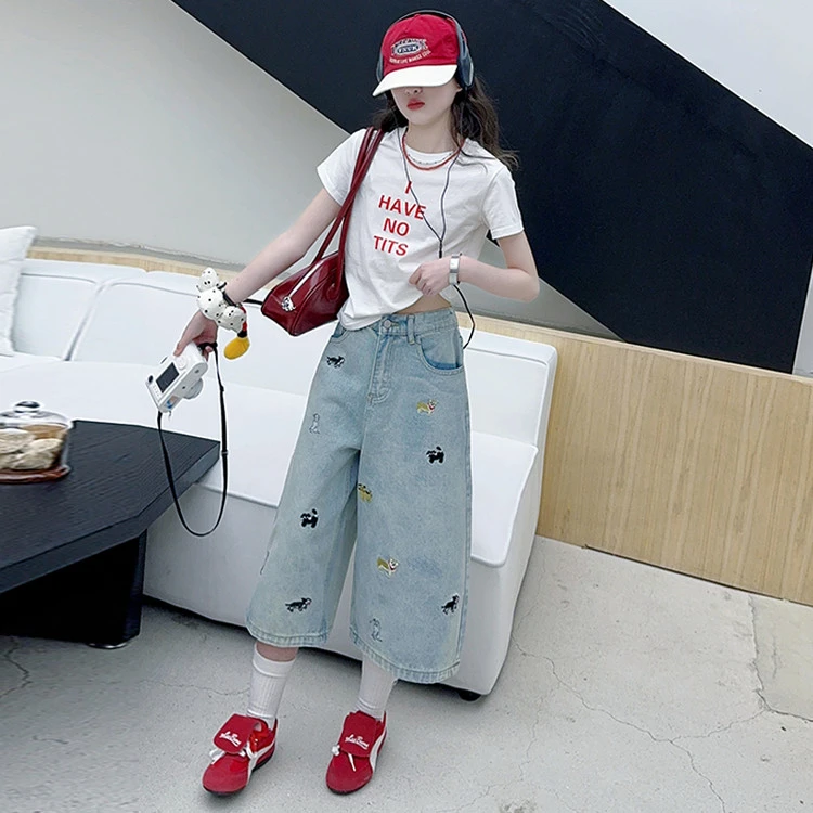 女童套装牛仔裤小清新女孩短袖2025夏季牛仔阔腿裤休闲娃娃领