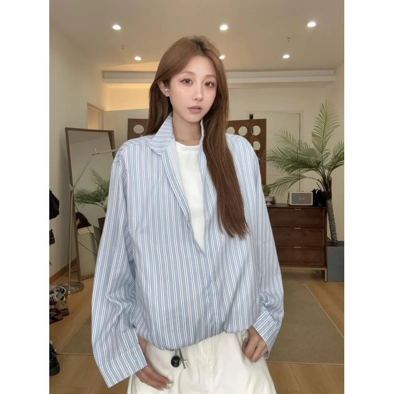 【慌慌】蓝白条纹假两件长袖衬衫男女宽松高级感百搭衬衣A01-1