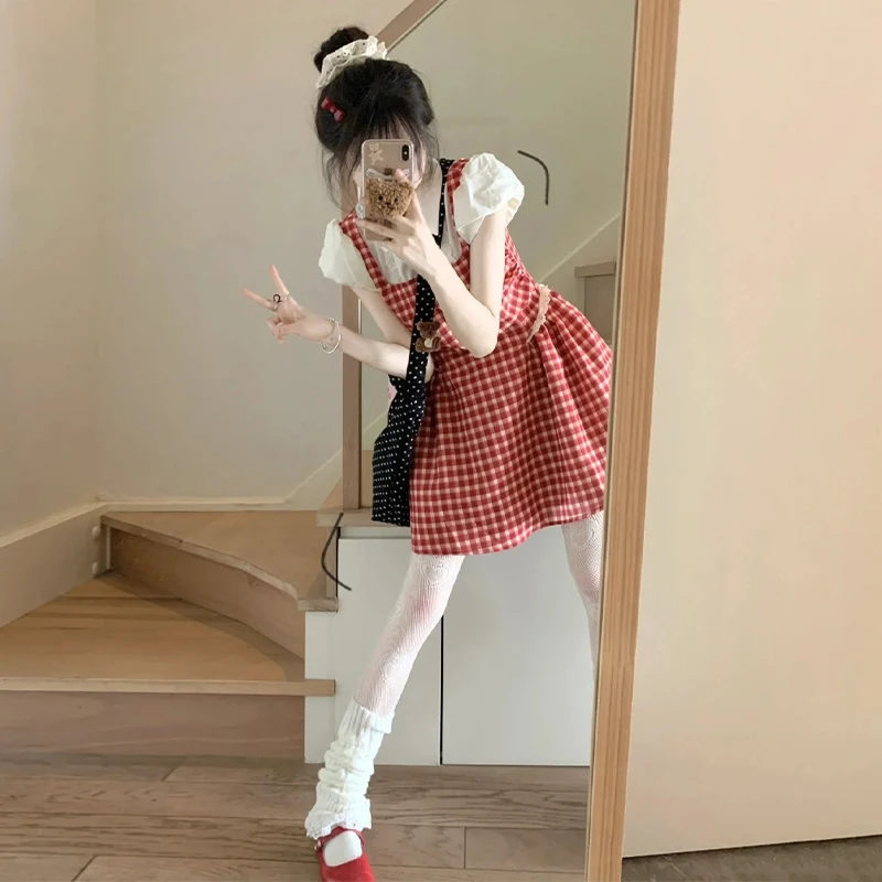 法式学院风红色格子连衣裙子女装2025小个子气质显瘦短裙2166