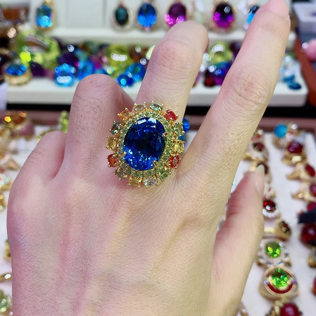 托帕石戒指银S925镀金镶嵌