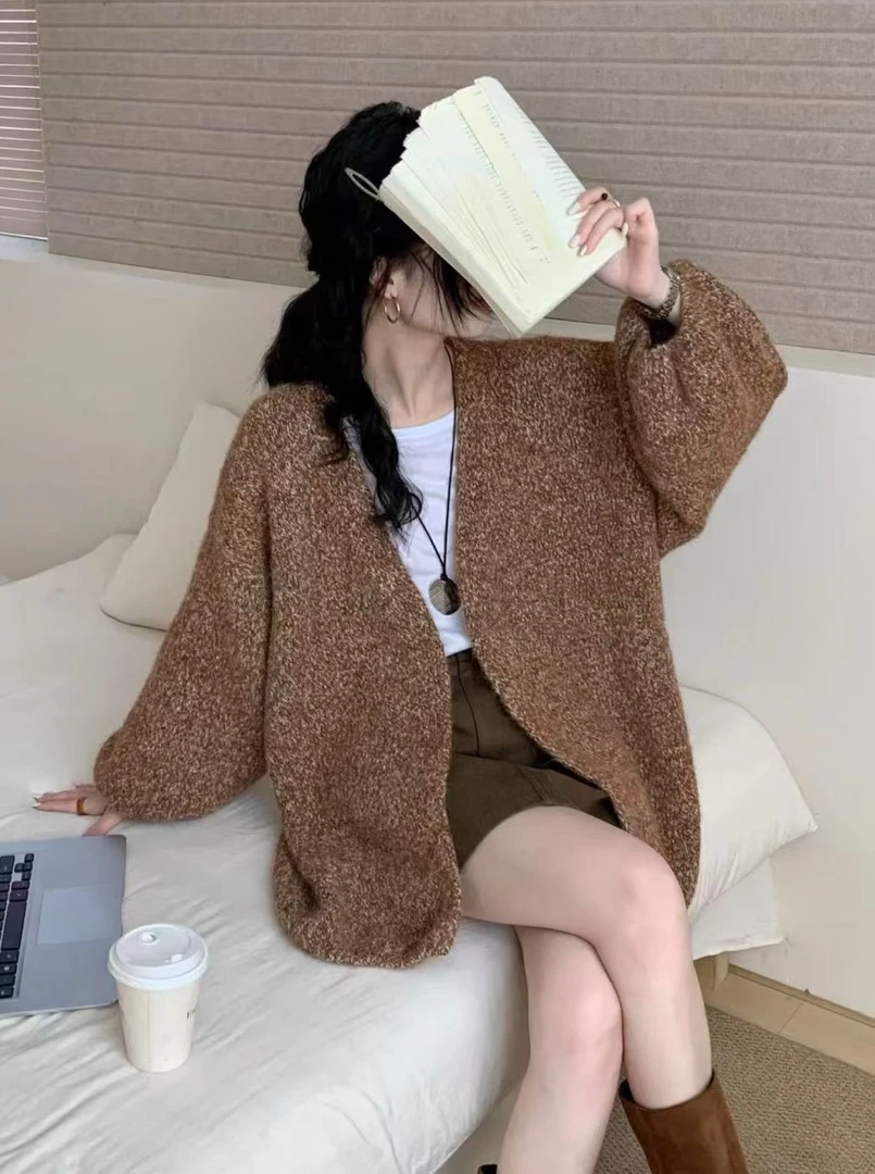 【柒上】韩版宽松时髦气质百搭休闲慵懒风柔软高级感针织开衫洋气女