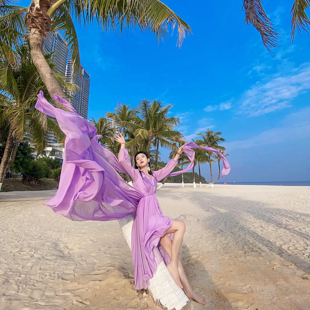 狐狸夫人度假风仙女裙长拖尾大裙摆沙滩裙云南三亚海边度假飘逸