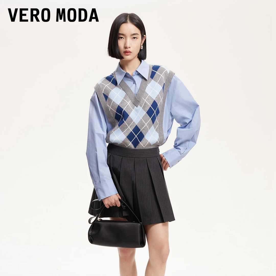 【达人专属】Vero Moda衬衫女炸街拼接菱格纹撞色325151006