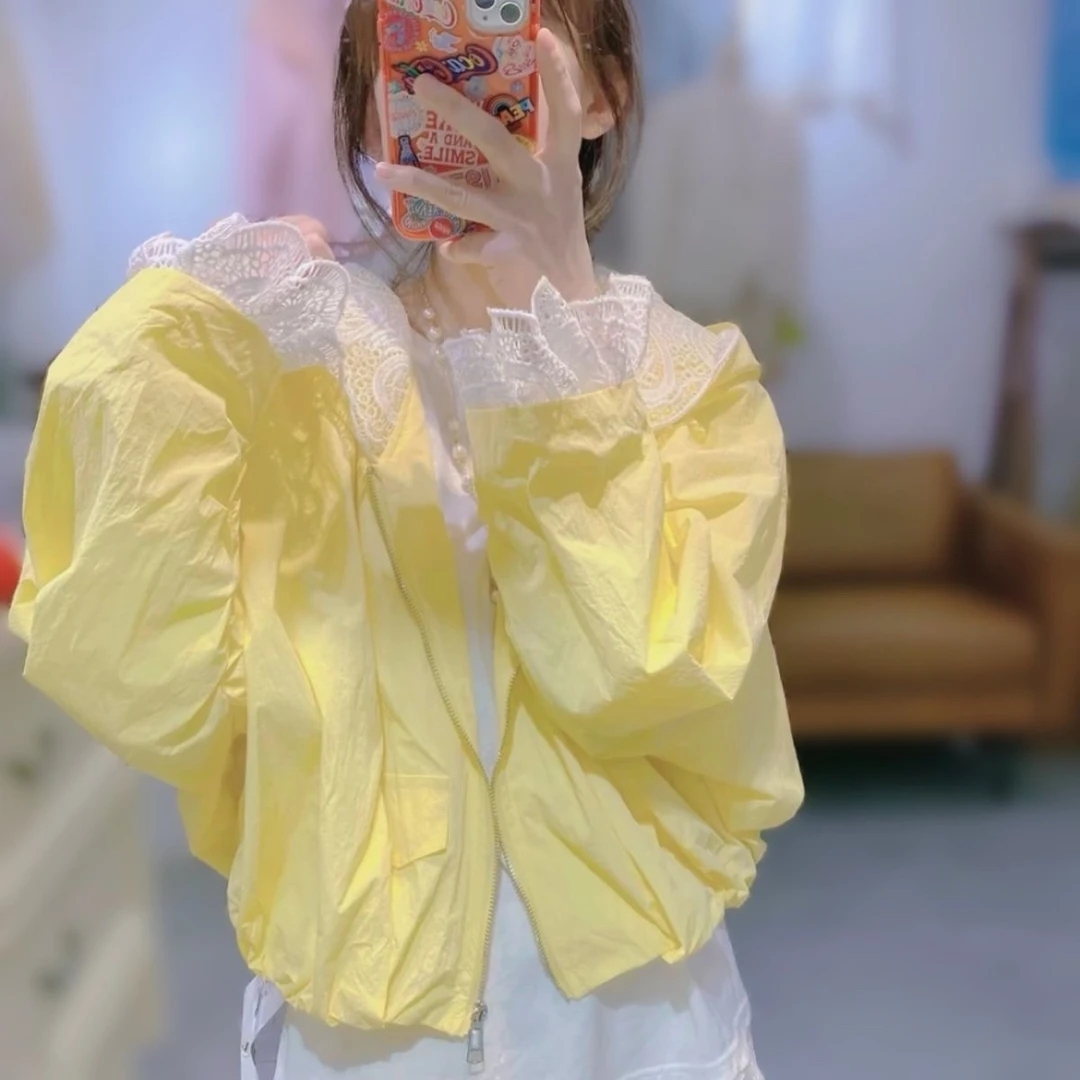 欧货2025春夏新款拼接蕾丝边防晒连帽外套女时尚洋气百搭薄款开衫
