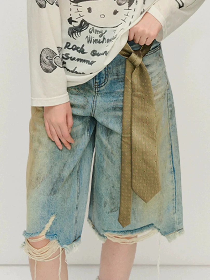 福蝶～2025春夏季新品做脏毛边七分裤