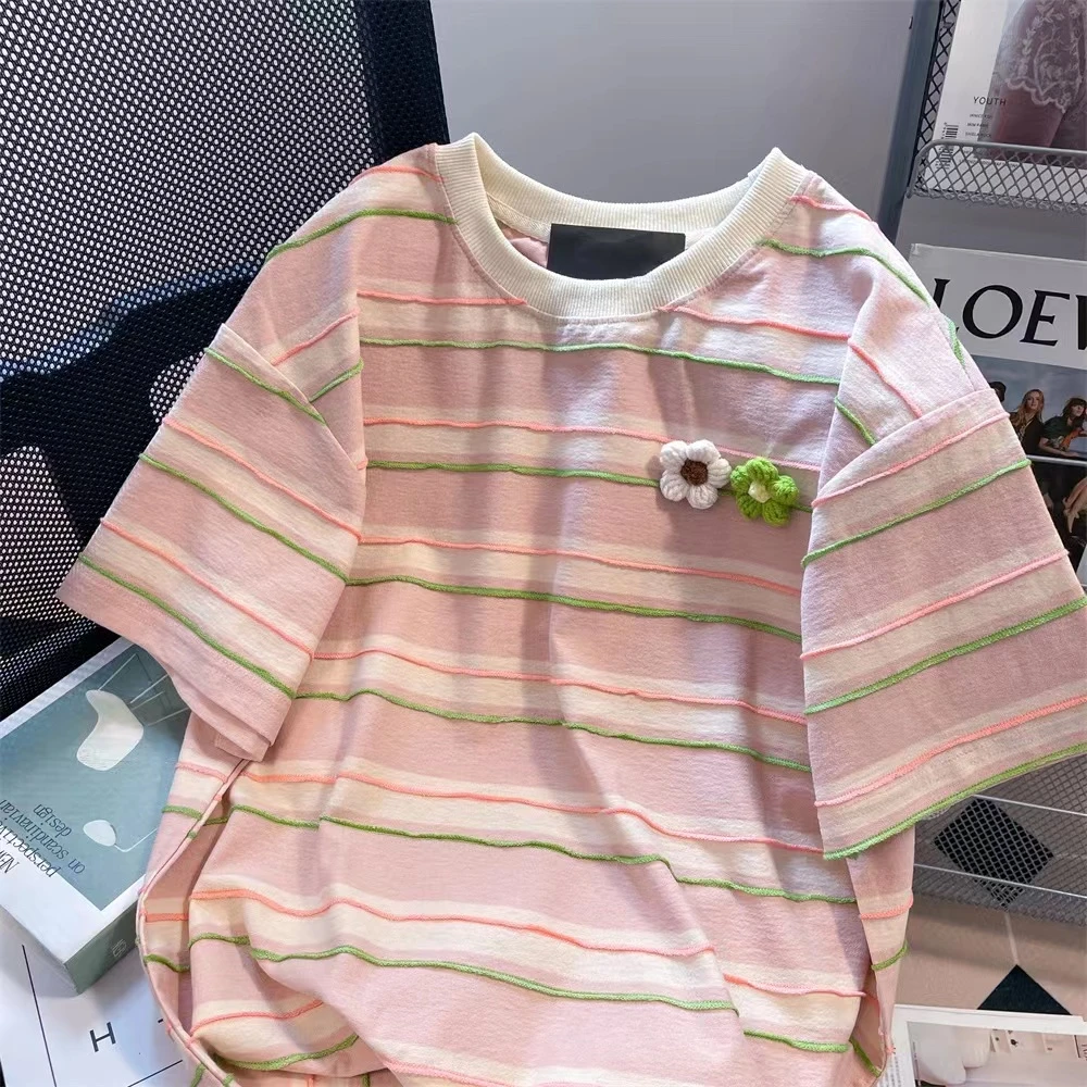 2025春季新款立体花朵短袖T恤女百搭清新设计感宽松显瘦条纹上衣
