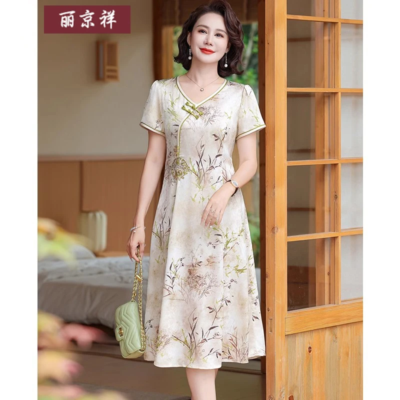 妈妈装连衣裙新国风印花改良旗袍裙遮肚显瘦中老年人女装夏装裙子