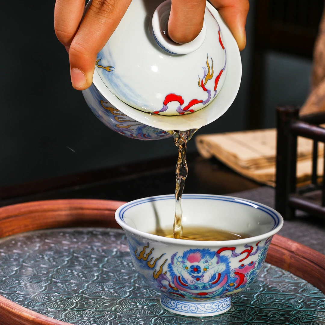 景德镇高温陶瓷泡茶盖碗斗彩醒狮单个茶杯办公用高档茶具送人自用