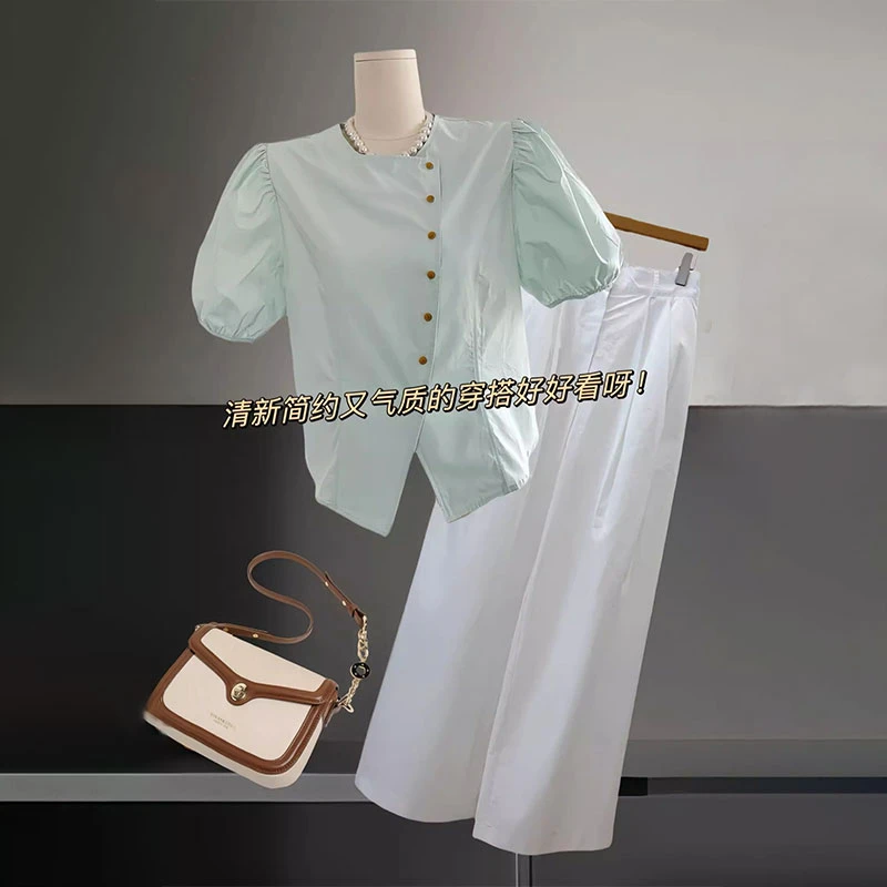今年流行时尚套装女小众泡泡袖衬衫阔腿裤气质两件套夏季2025新款