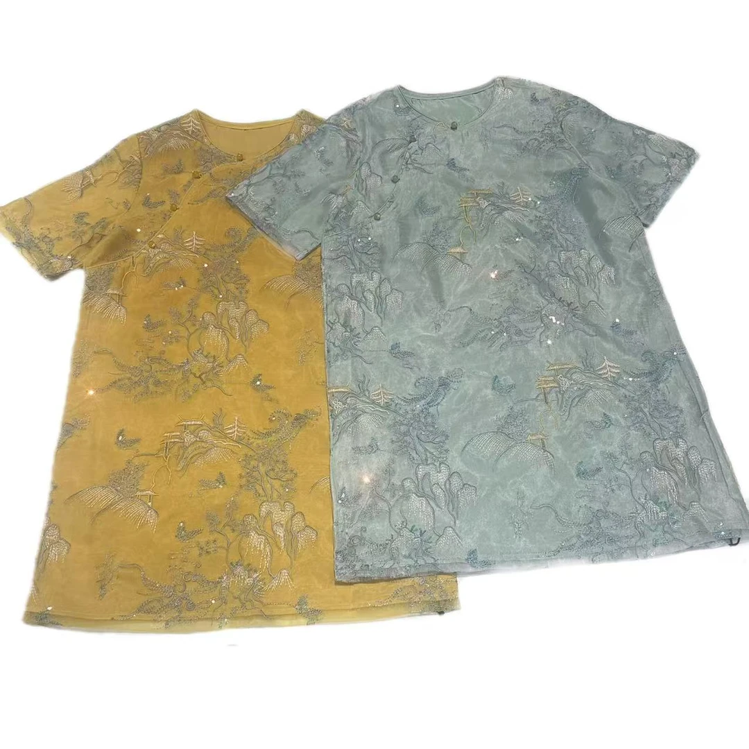 1045/#夏季新中式《蕙质兰心》复古圆领斜襟网红刺绣气质设计连衣裙