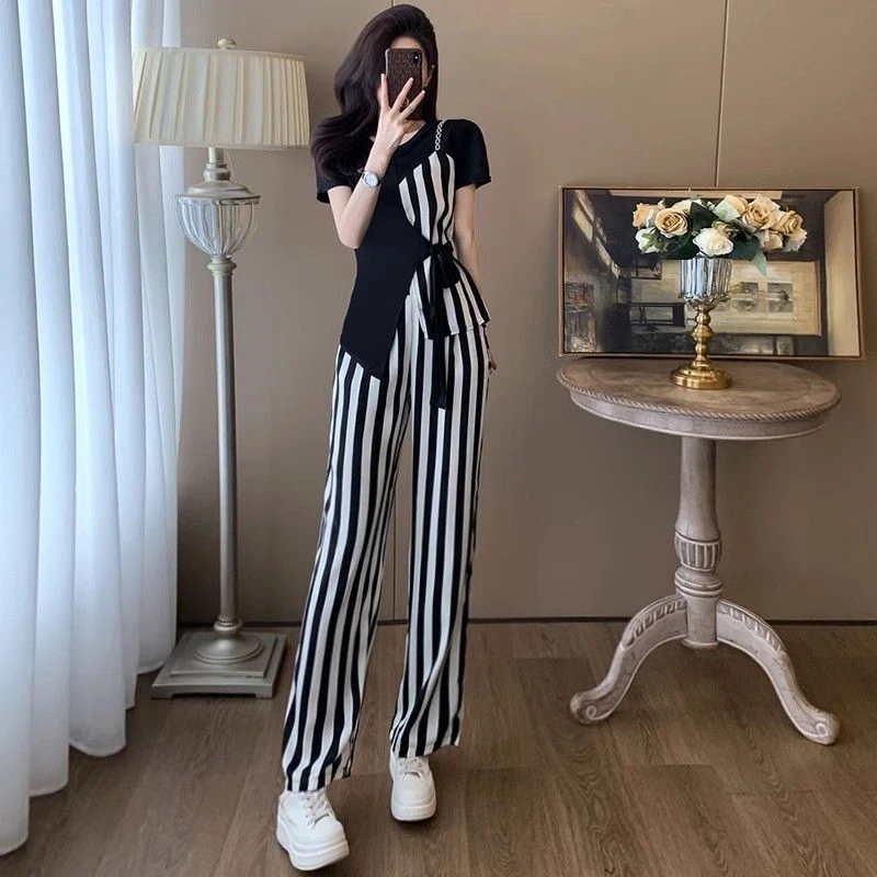 夏季欧货休闲时尚套装女小众设计感系带条纹短袖上衣阔腿裤两件套