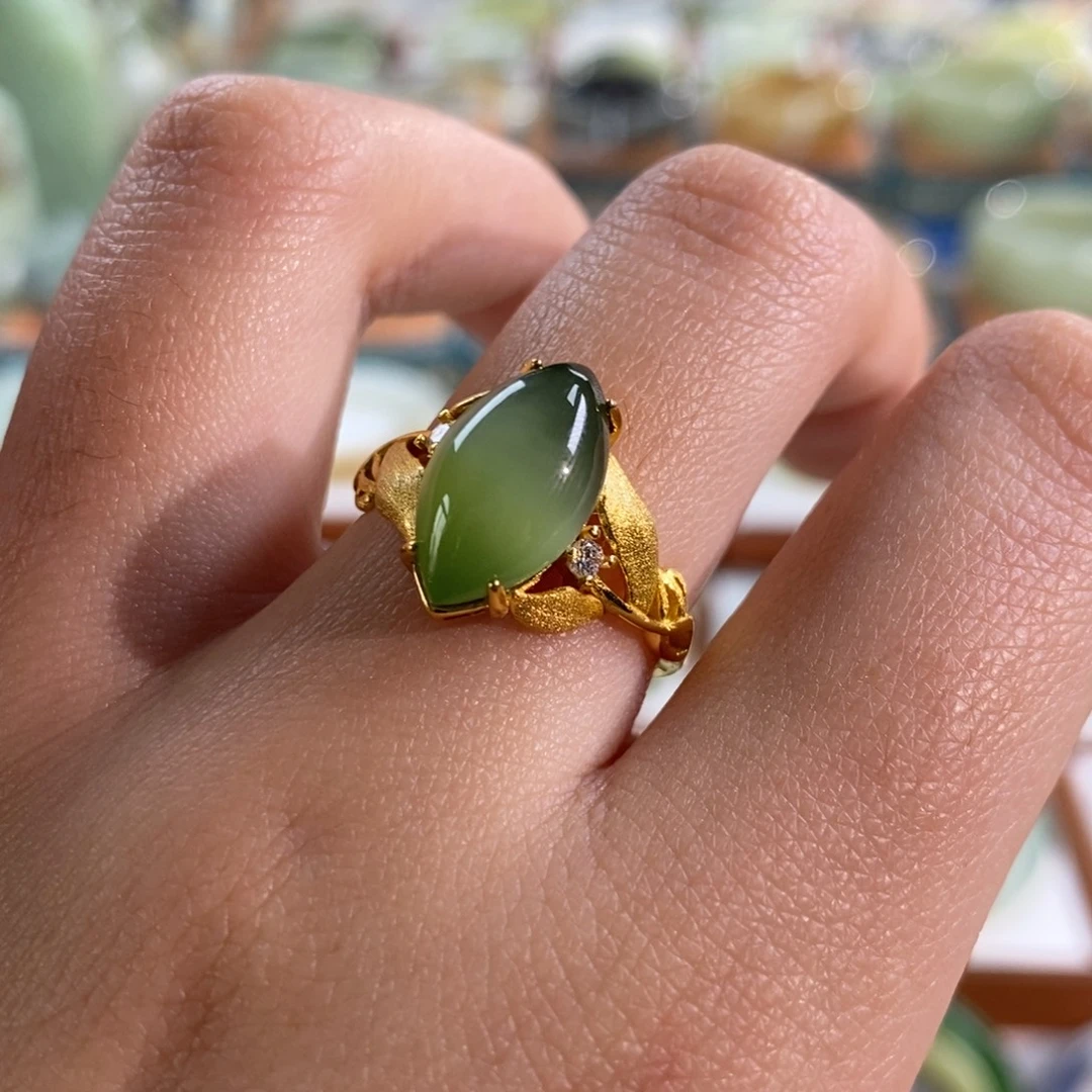 和田玉银S925镀金镶嵌手镯碧玉猫眼戒指