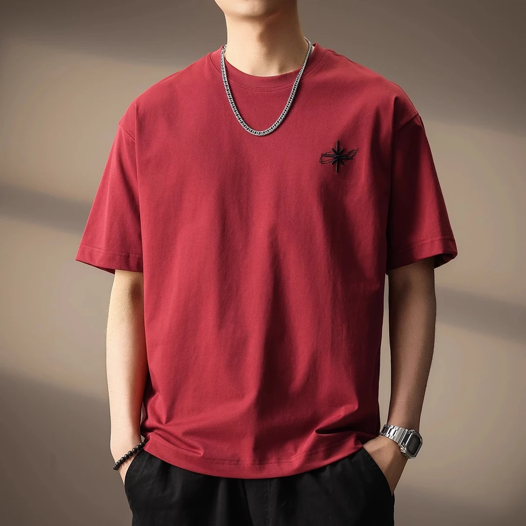 U&PURA高端美式刺绣男士短袖体恤夏季冰丝凉感宽松休闲酒红色T恤