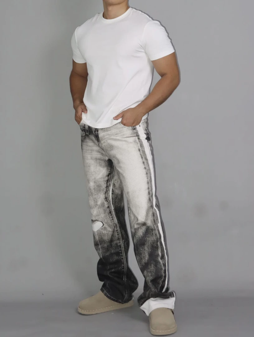 牛牛25白色 印花水洗牛仔裤裤子 潮流高腰直筒垂坠感长裤男女款