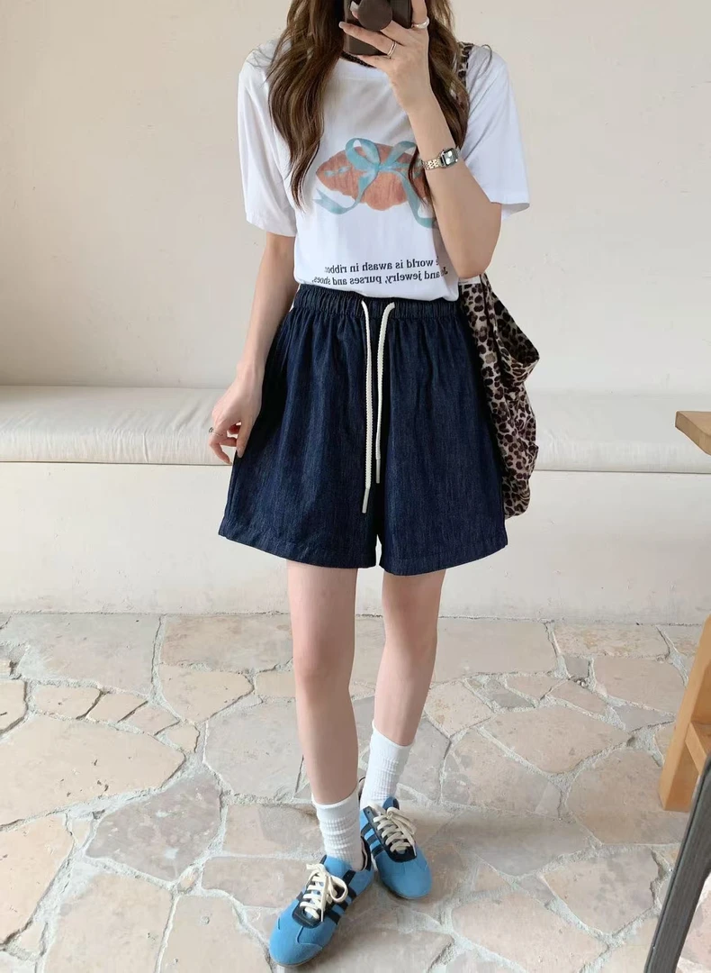 东大门韩订不褪色松紧腰抽绳牛仔短裤