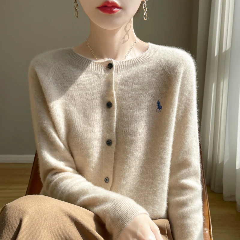 一线成衣圆领针织开衫女春秋新款毛衣外套刺绣纯色高级感上衣