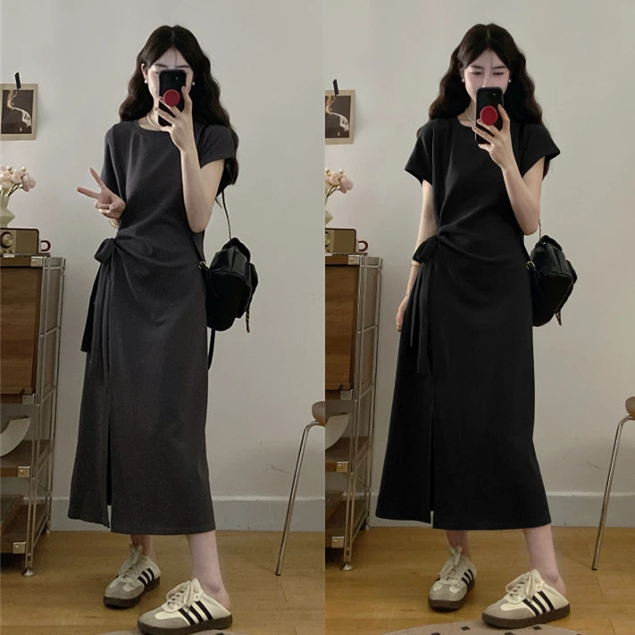 大码高级感休闲连衣裙女夏季不规则开叉裙子胖mm遮肚显瘦复古长裙
