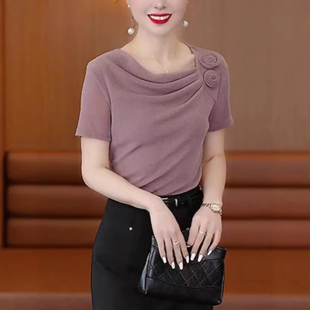 2025夏季新款气质堆堆领百搭短袖T恤女时尚显瘦上衣打底小衫