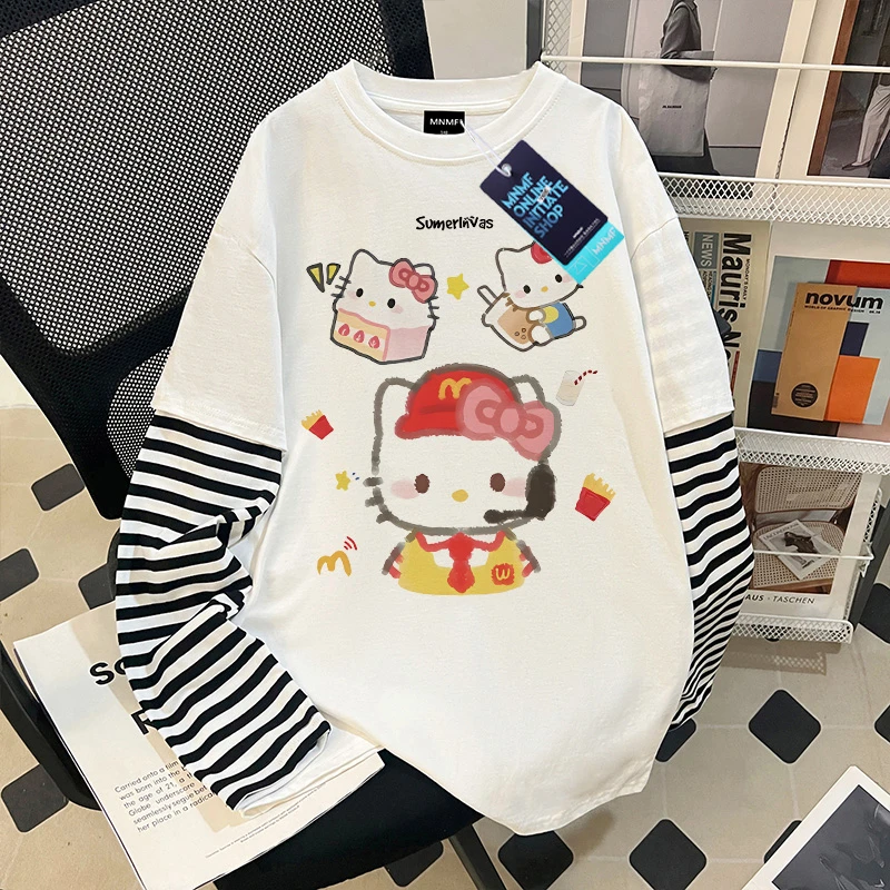 韩版女童条纹假两件长袖秋季新款美式kitty猫印花宽松休闲风上衣