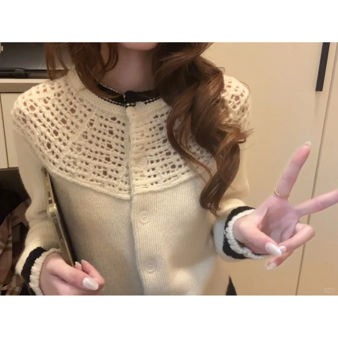 针织衫女秋冬费尔岛韩系气质慵懒风镂空黑白拼色毛衣长袖开衫上衣