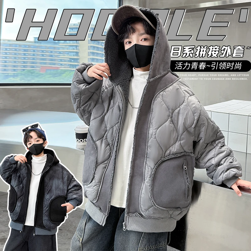 男童加厚外套冬季新款中大童冬季保暖宽松男童鹿皮航线棉衣外套