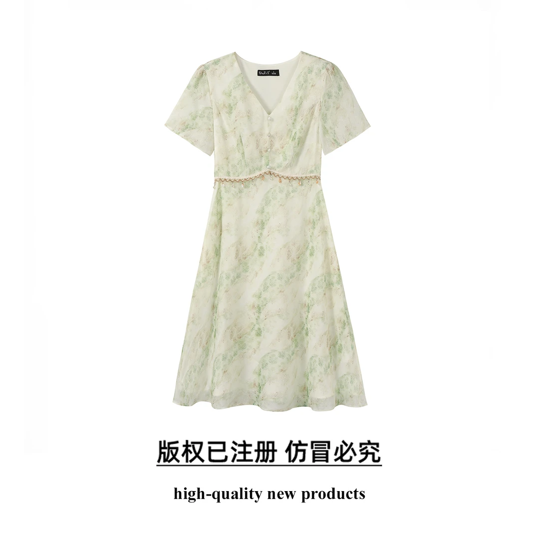 奢姿大码女装2025夏季碎花V领连衣裙胖妹妹减龄花边饰品时尚裙子