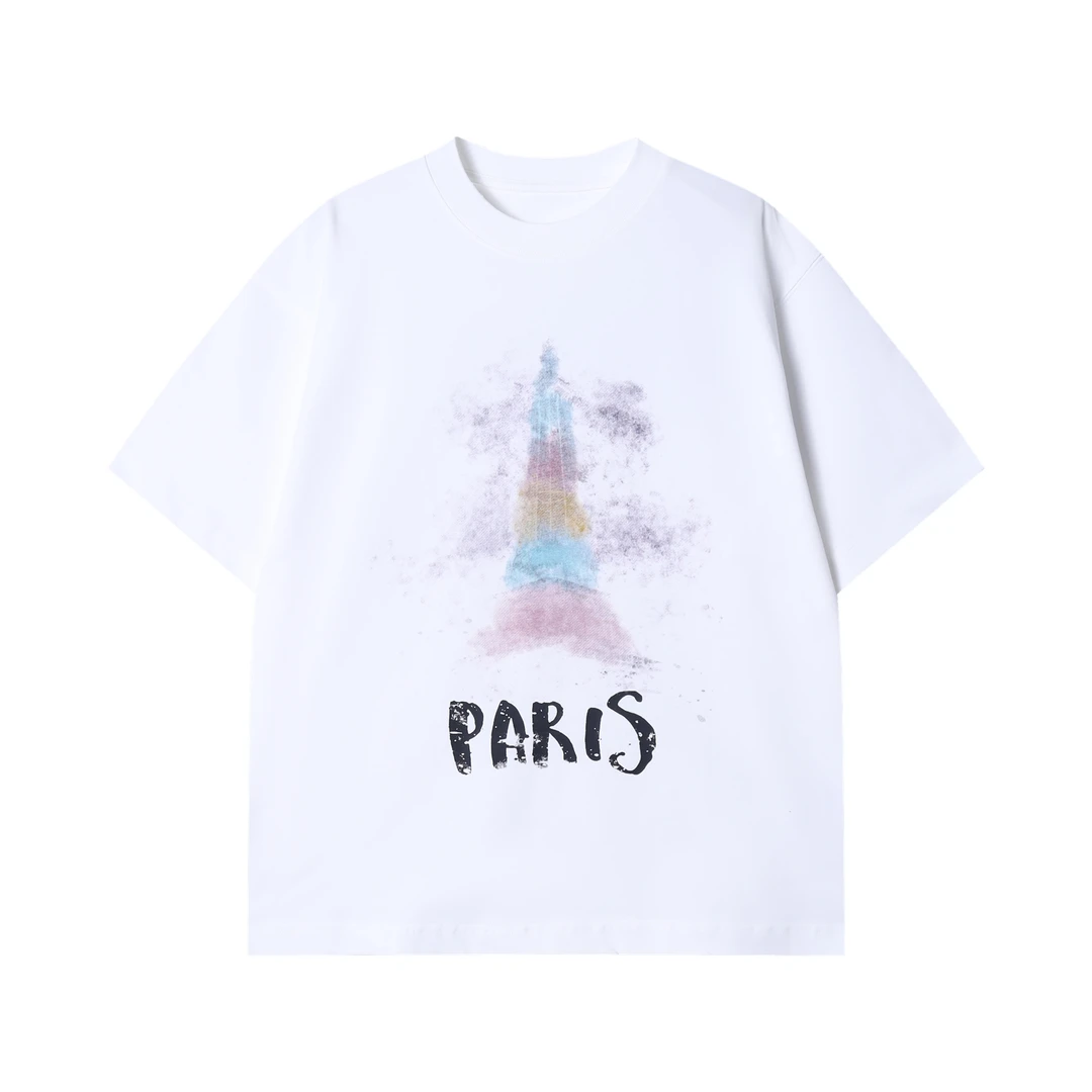 夏季新款时尚潮牌埃菲尔铁塔模糊图案手绘涂鸦彩色字母短袖T恤