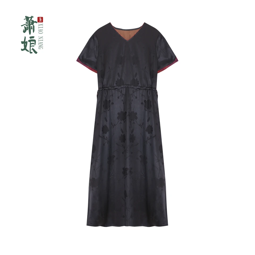 萧娘【扶瑶】提花弹力缎连衣裙新中式休闲国风气质短袖女裙5108