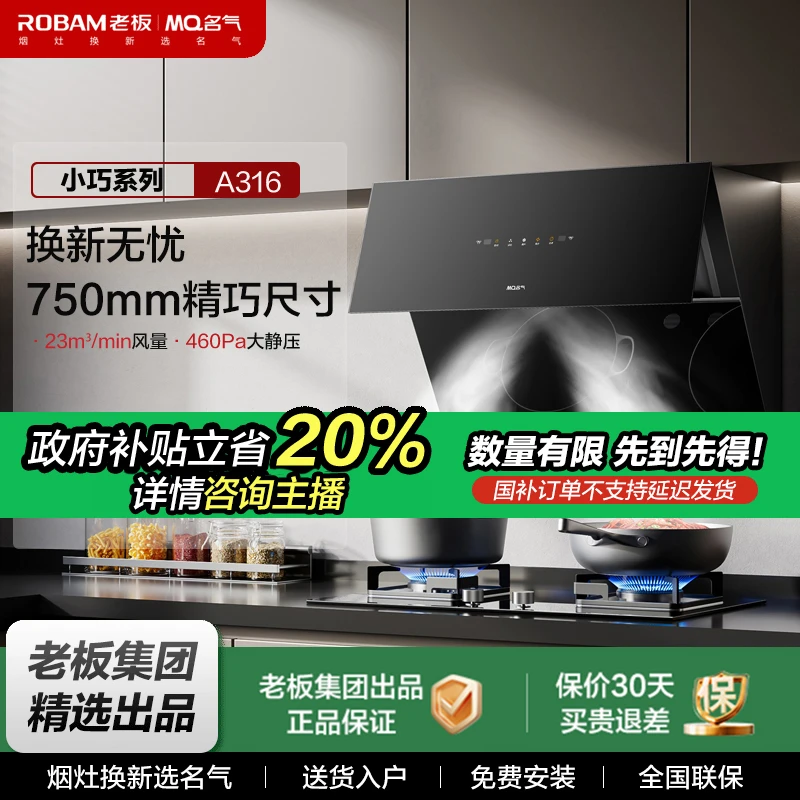 老板名气【小巧】A316厨房23立方大吸力小尺寸油烟机