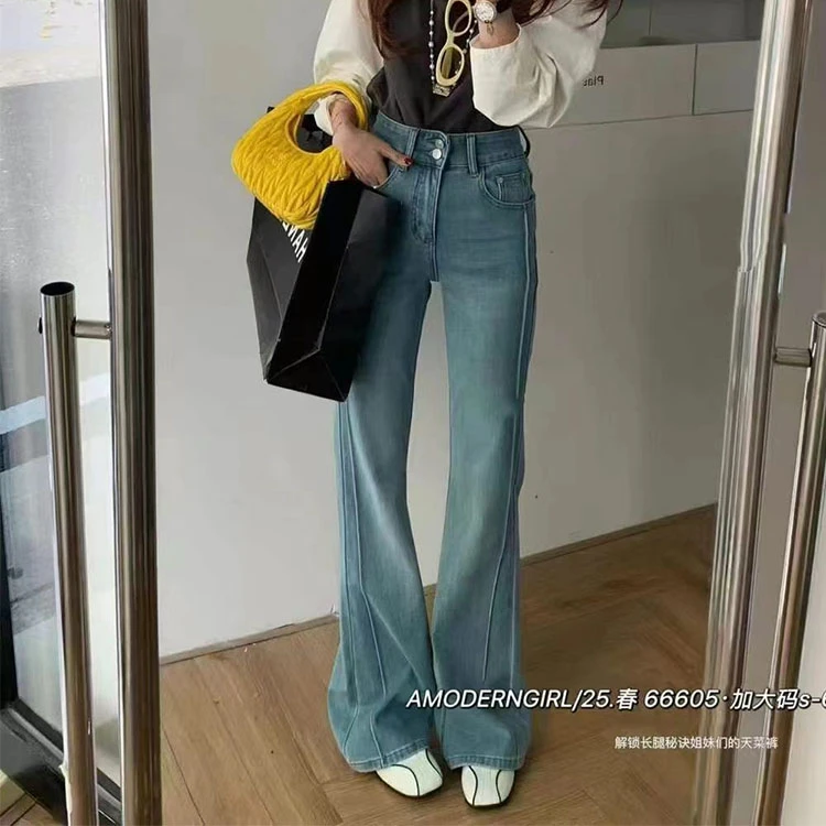 U韩66607大码宽松显瘦喇叭裤女高腰侧时尚压线大长腿牛仔微喇裤