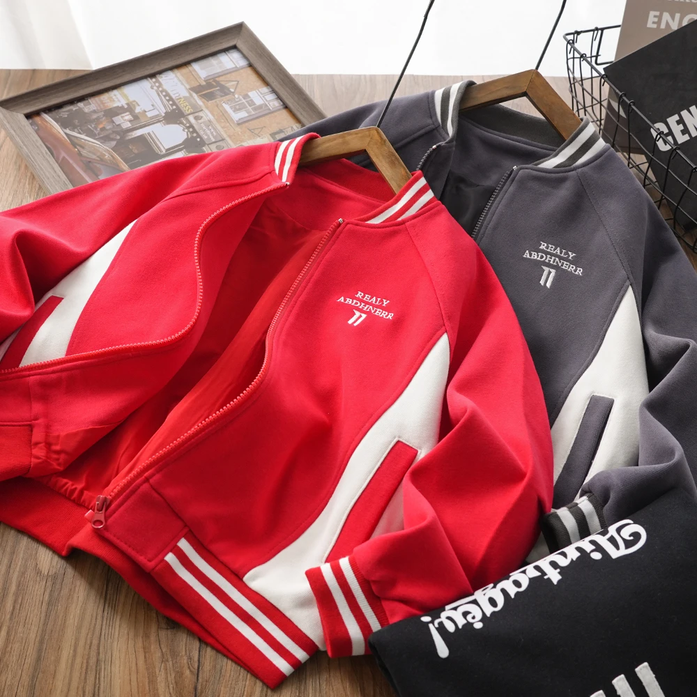 儿童男童春秋新款字母刺绣拼接口袋棒球服外套中大童洋气6616