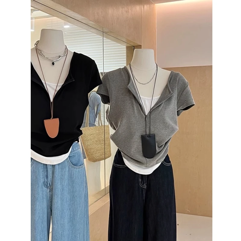 2025新款独特超好看单穿上衣女薄款假两件短袖t恤夏季设计感休闲