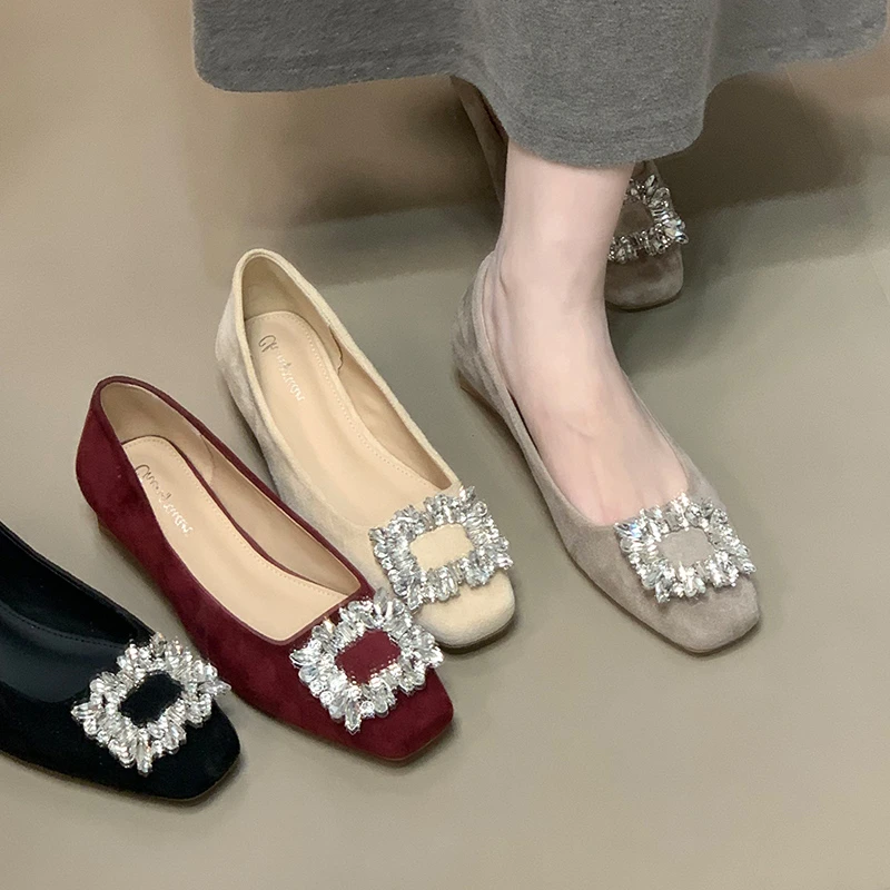 气质水钻方头秋季新款一脚蹬单鞋通勤法式低跟红色女鞋