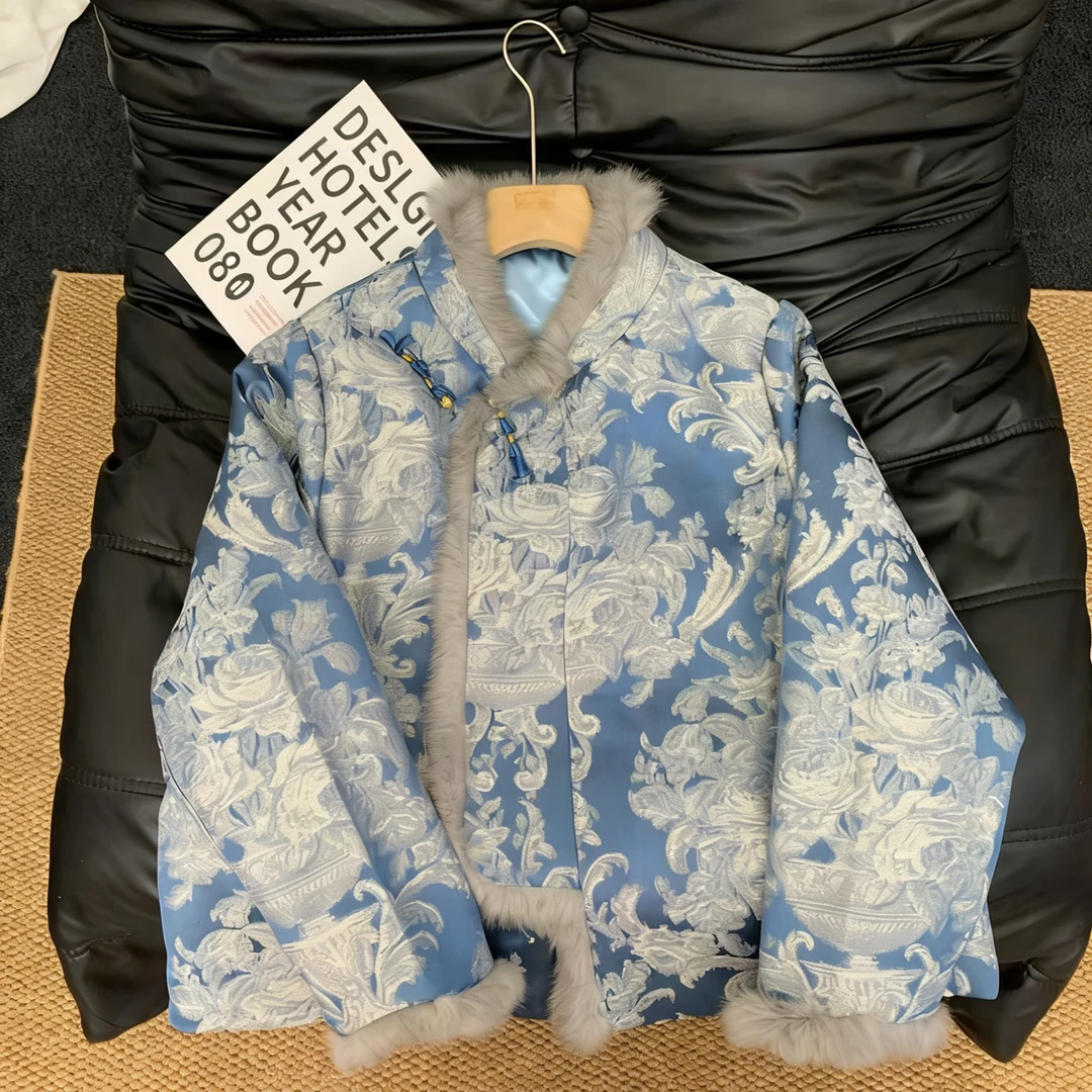 【青花-棉服】新中式冬款濑兔毛浮雕花加棉棉衣外套抗风保暖