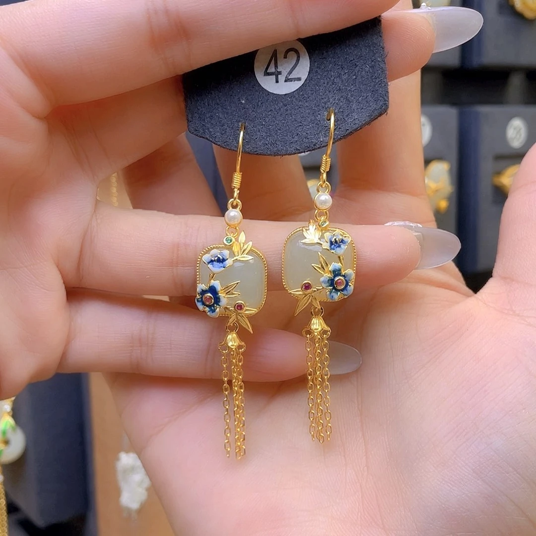 和田玉银S925镀金镶嵌耳饰