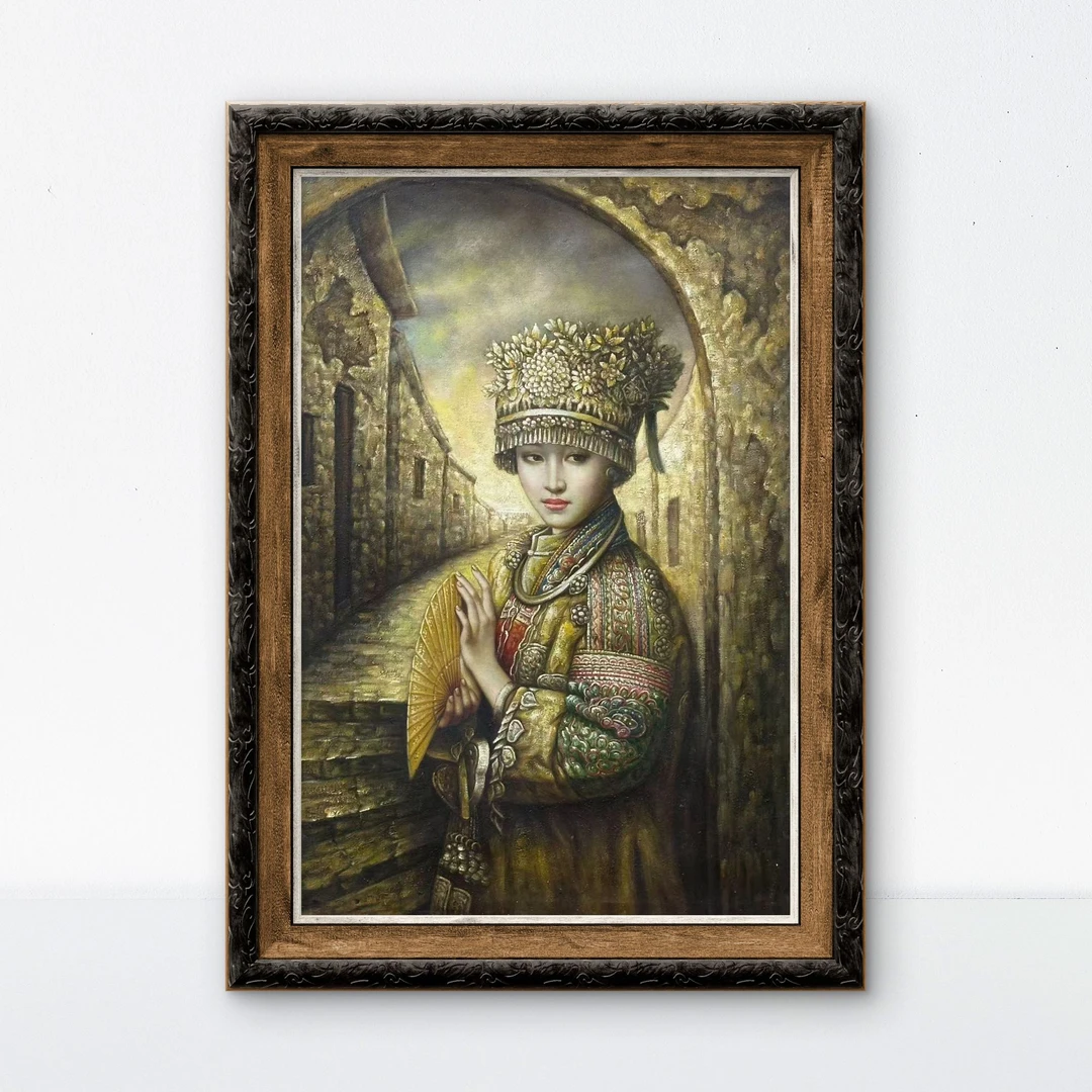 手绘油画《古巷栖华妆》油画收藏  画心尺寸60x90cm