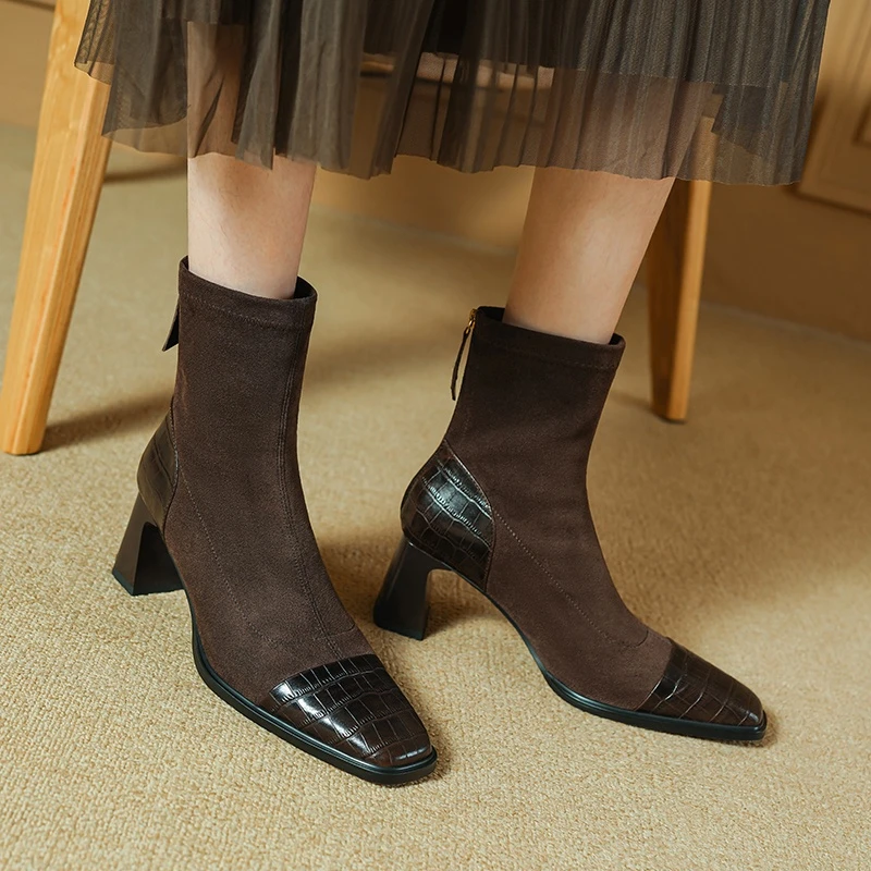 手工鞋~时尚百搭弹力瘦瘦靴女秋冬复古单靴方头小个子粗高跟短靴