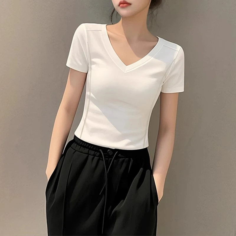 夏季新款白色v领短袖T恤女正肩半袖针织薄款小众修身2025显瘦上衣