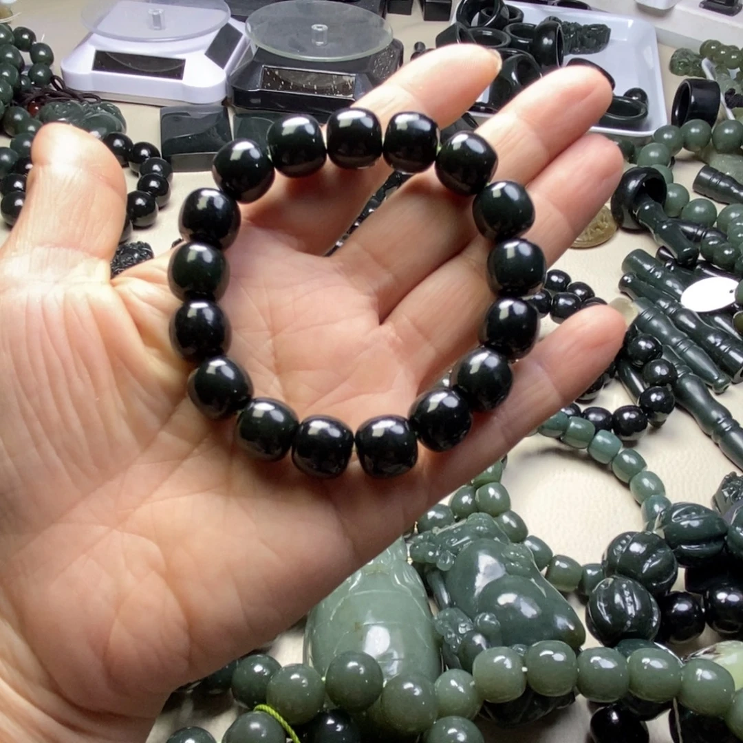 湖***哥和田玉未镶嵌手链新疆和田黑青玉卡12老型手串
