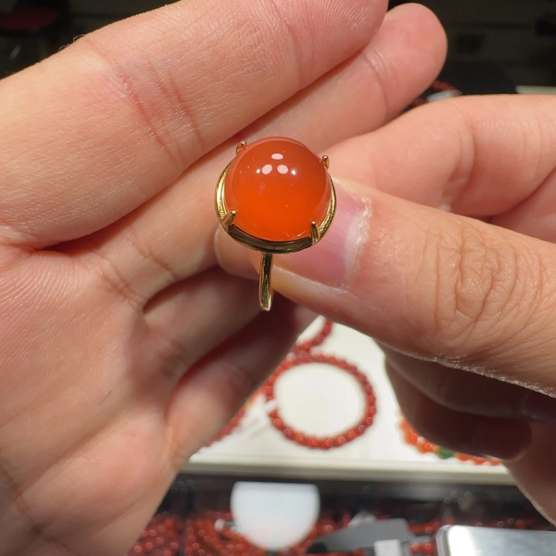 南红玛瑙银S925镀金镶嵌戒指