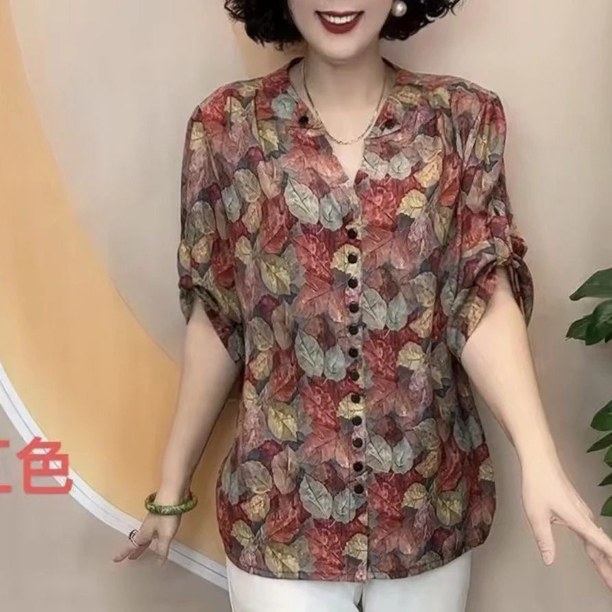 夏季新款七分印花宽松中老年妈妈洋气气质减龄枫叶衬衫大码妈妈装