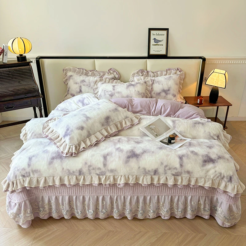 韩版公主风牛奶绒兔绒夹棉床盖四件套