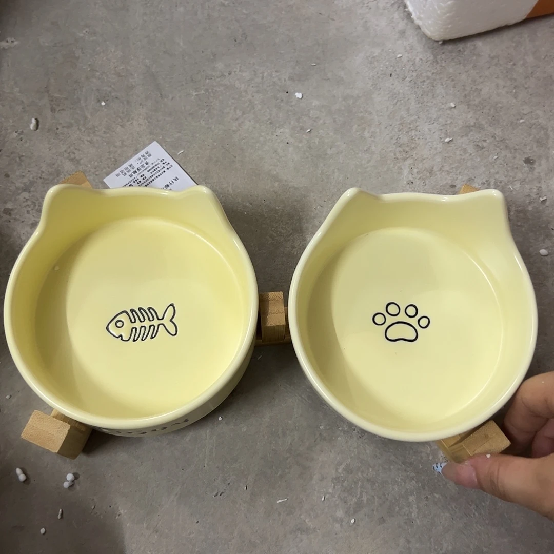 瓷正品宠物碗黄色带木架