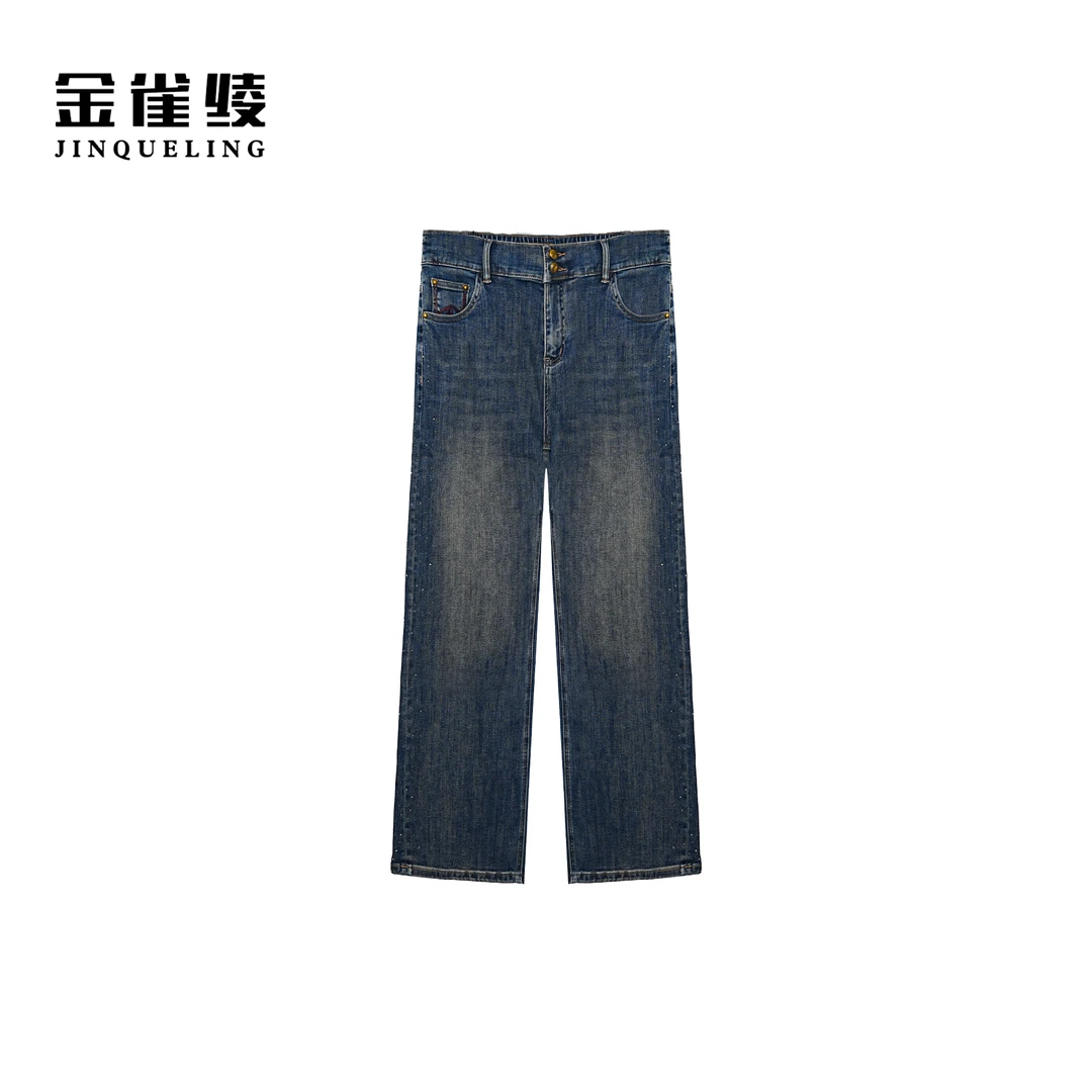 金雀绫【星星点灯】复古烫钻百搭宽松加宽加大牛仔裤SZAK3KLW117