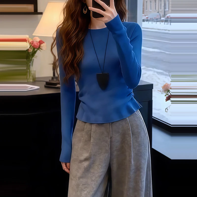 克莱因蓝色内搭打底衫女秋冬2025新款韩系修身显瘦针织衫长袖上衣