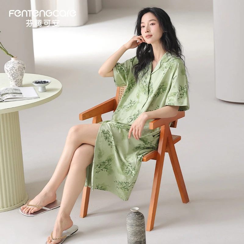 芬腾可安夏季纯棉女士睡裙中长款连衣裙夏天可外穿薄款宽松家居服