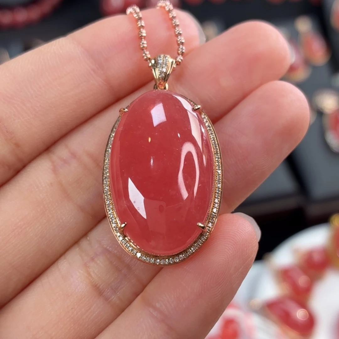 菱锰矿（红纹石）18K金镶嵌吊坠(不含链)