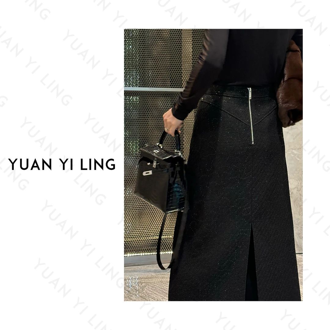 YUAN YI LING【航海小香】24冬季 进口小香羊毛女开叉拉链半身裙