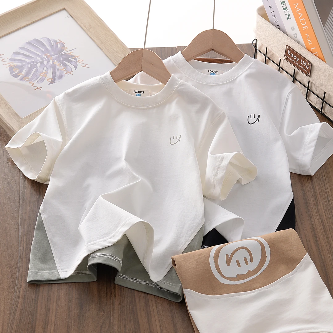 258XS6童装纯棉拼接笑脸短袖中大童夏新时尚撞色百搭T恤柔软舒适