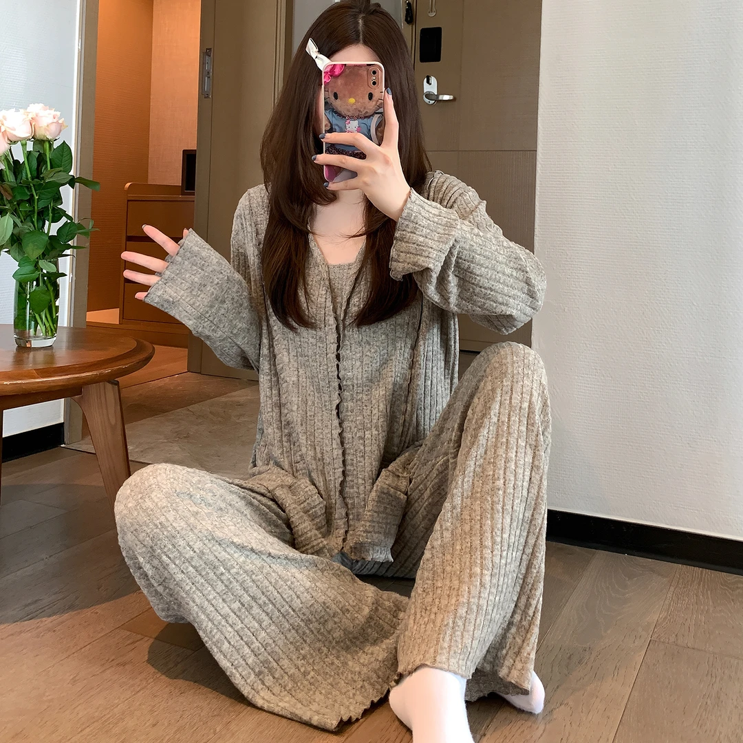 秋款韩系灰色网红风睡衣女休闲长袖长裤家居服套装2025新款春秋季